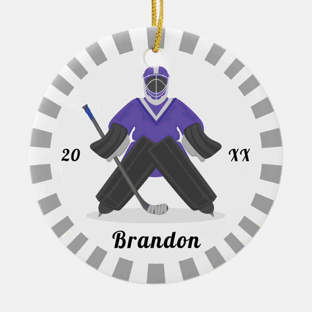 boys purple ice hockey players name winter striped ceramic ornament - Hockey Gifts