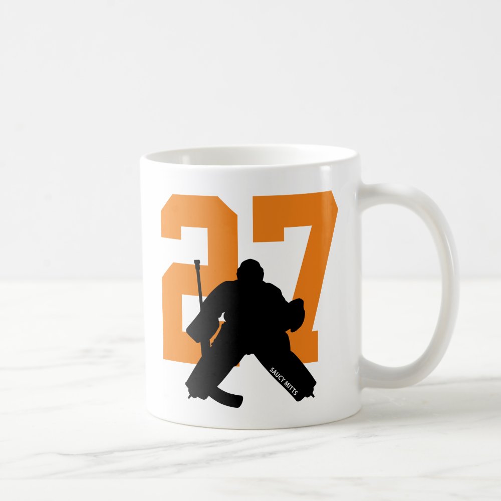 personalized hockey goalie player number orange coffee mug - Hockey Gifts