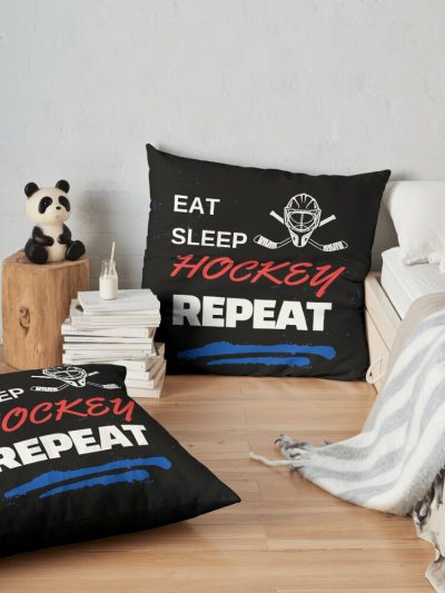 Sports Enthusiast Eat Sleep Hockey Repeat Throw Pillow Official Hockey Gifts Merch