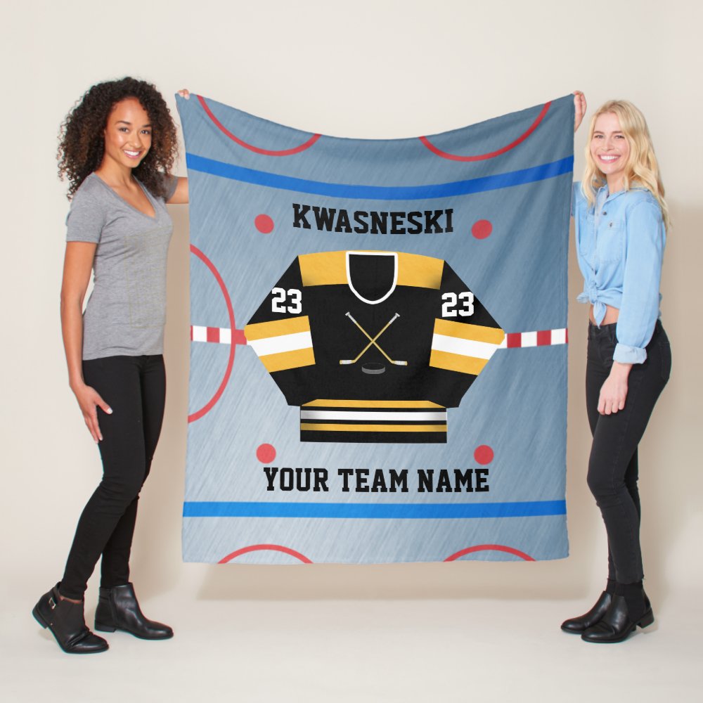 black wh gold ice hockey rink player jersey fleece blanket - Hockey Gifts