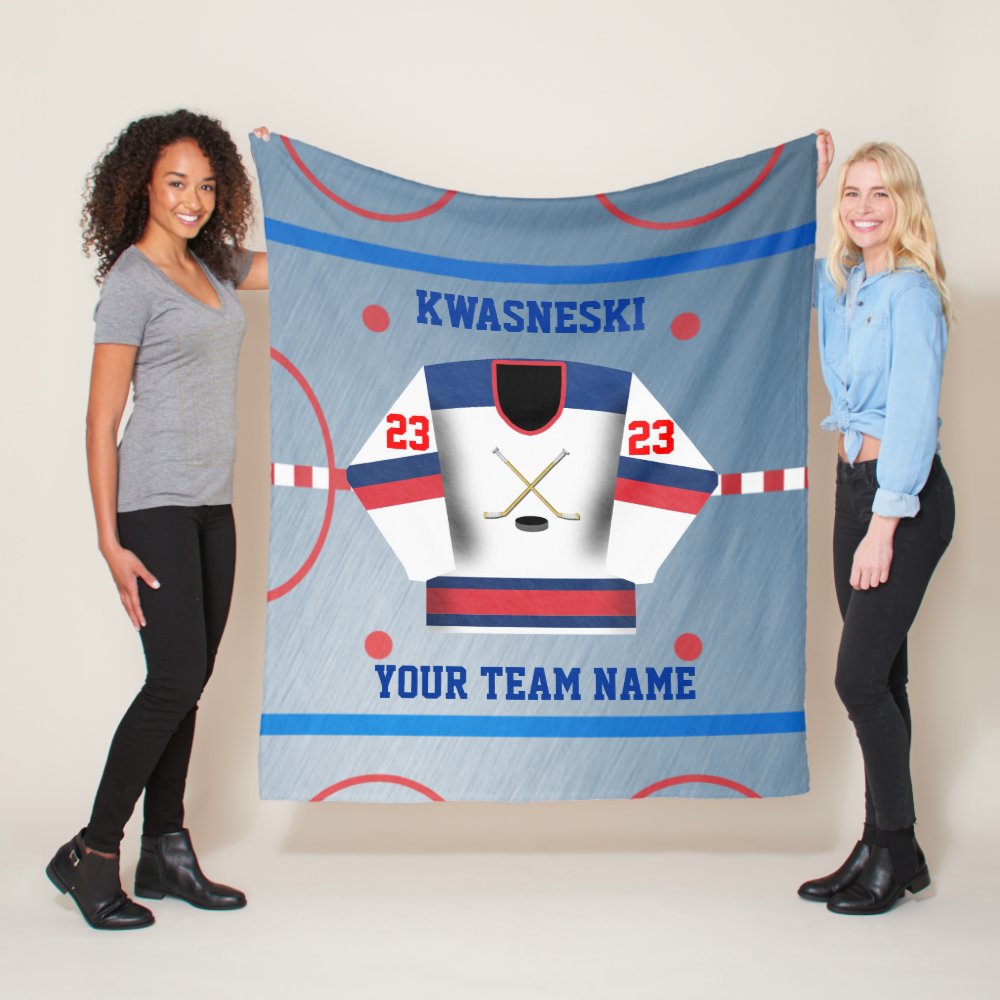 blue red ice hockey rink player jersey fleece blanket - Hockey Gifts