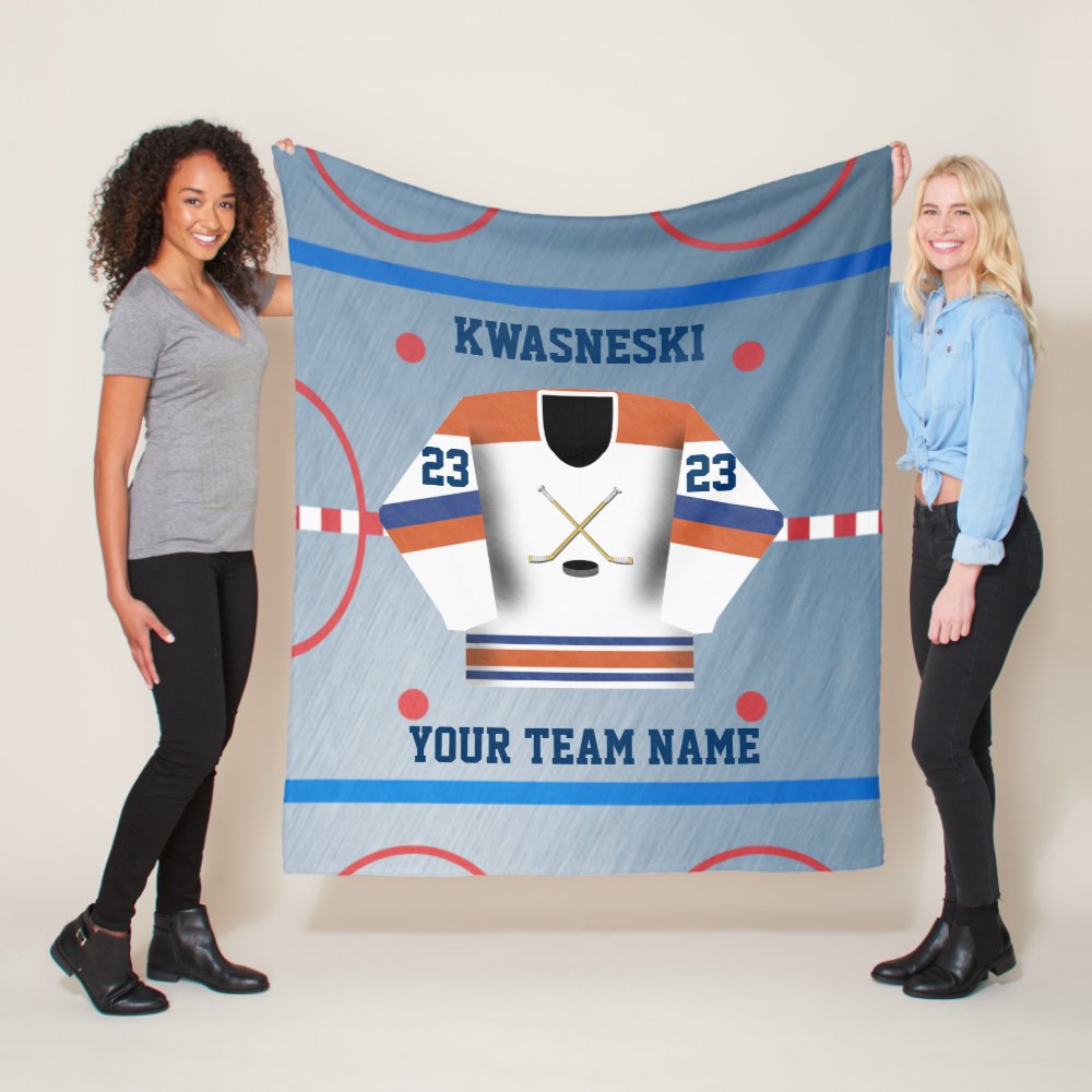 blue wh orange ice hockey rink player jersey fleece blanket - Hockey Gifts