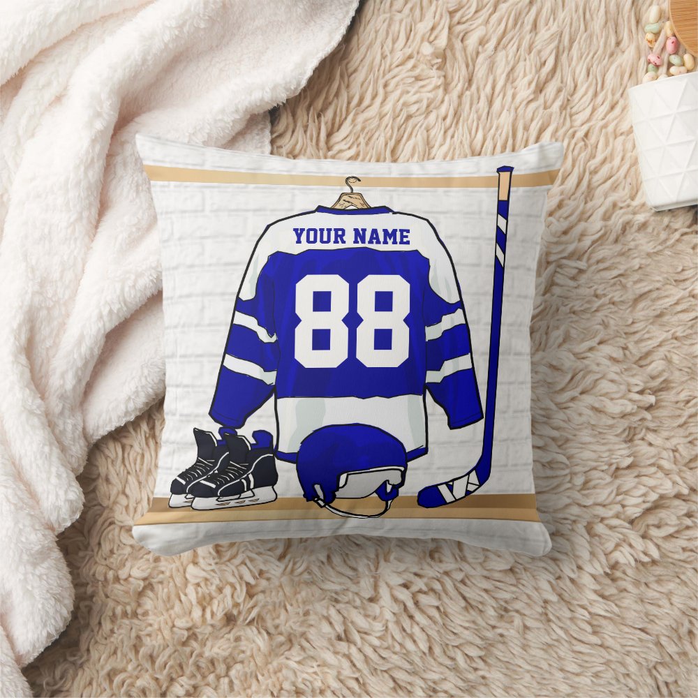 personalized blue and white ice hockey jersey throw pillow r35852701a9e8413caff9d21b45fddbea 4gu5j 8byvr 1000 - Hockey Gifts