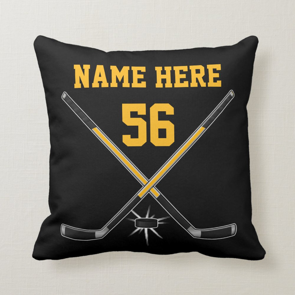 Black Yellow Personalized, Hockey Throw Pillow